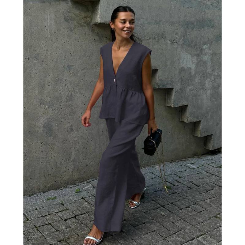 

Летний шик женский комплект однотонный хлопково-льняной комплект из двух предметов модные оборки топ-майка без рукавов с широкими брюками наряд женский XL серый