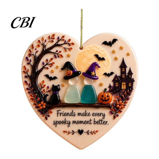 Lasting Friendship Souvenirs Heart-Shaped Sea Glass Art Ornament, 2D Flat Heart Year Round Inspired Ornaments Keepsake, Halloween Pumpkin Black