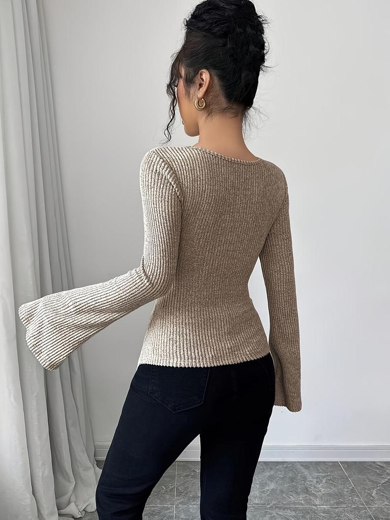 2026 Spring Women's Off-Shoulder Ribbed Knit Bell Sleeve Top