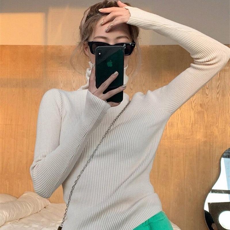 Women's Solid Color High Neck Thumb Hole Turtleneck Sweater - Autumn/Winter Stylish Thick Knit Long Sleeve Base Layer