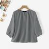Women Casual Round Neck Solid Color 3/4 Sleeve Loose Blouse
