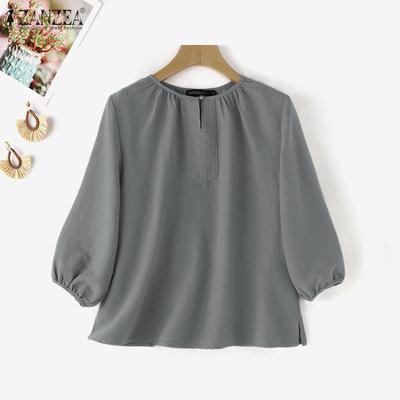 Women Casual Round Neck Solid Color 3/4 Sleeve Loose Blouse