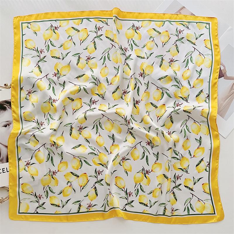 70cm Square Lemon Print Yellow Square Silk Scarf Casual Elegant Thin Breathable Neck Women Windproof Head Wrap Hair Scarves