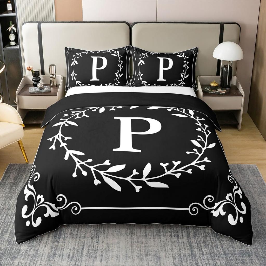 Initial Letter Z Twin Queen Duvet Cover Black And White Bedding Set Boho Floral Leaves Comforter Cover Gifts For Adult Girls