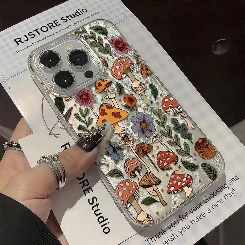 Ins Korean Style Does Not Bump Shell Mushroom Flower iPhone17promax Mobile Phone Case Niche Apple 14Pro Protective Case