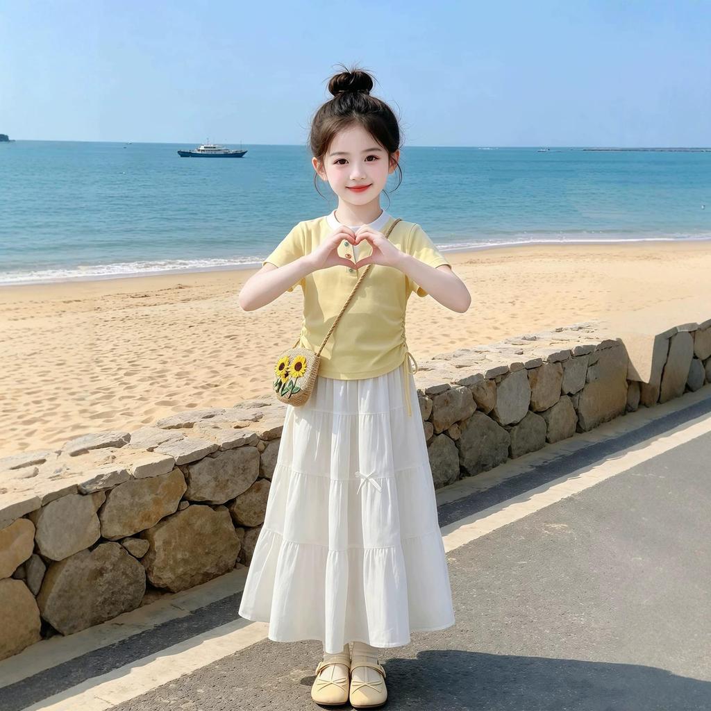 Girls' Summer Patchwork Bow Skirt Set: Trendy Short Sleeve Outfit for Medium and Large Kids