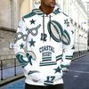 Men Plus Size White Sailboat Printed Long Sleeve Drawstring Hoodie Kangaroo Pocket Pullover