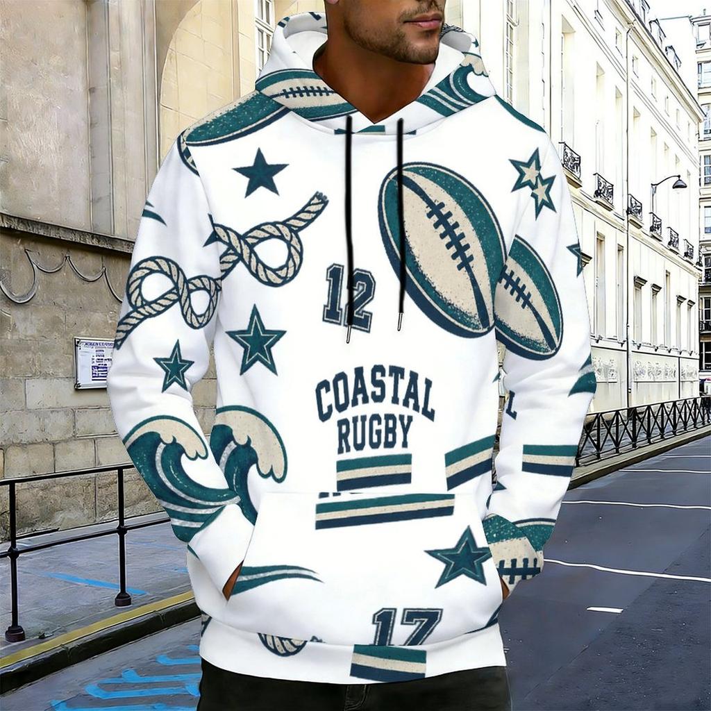 Men Plus Size White Sailboat Printed Long Sleeve Drawstring Hoodie Kangaroo Pocket Pullover