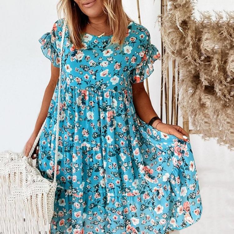 

Flowers Print Casual Loose Women Dress Short Sleeve All-match XL светло-синий