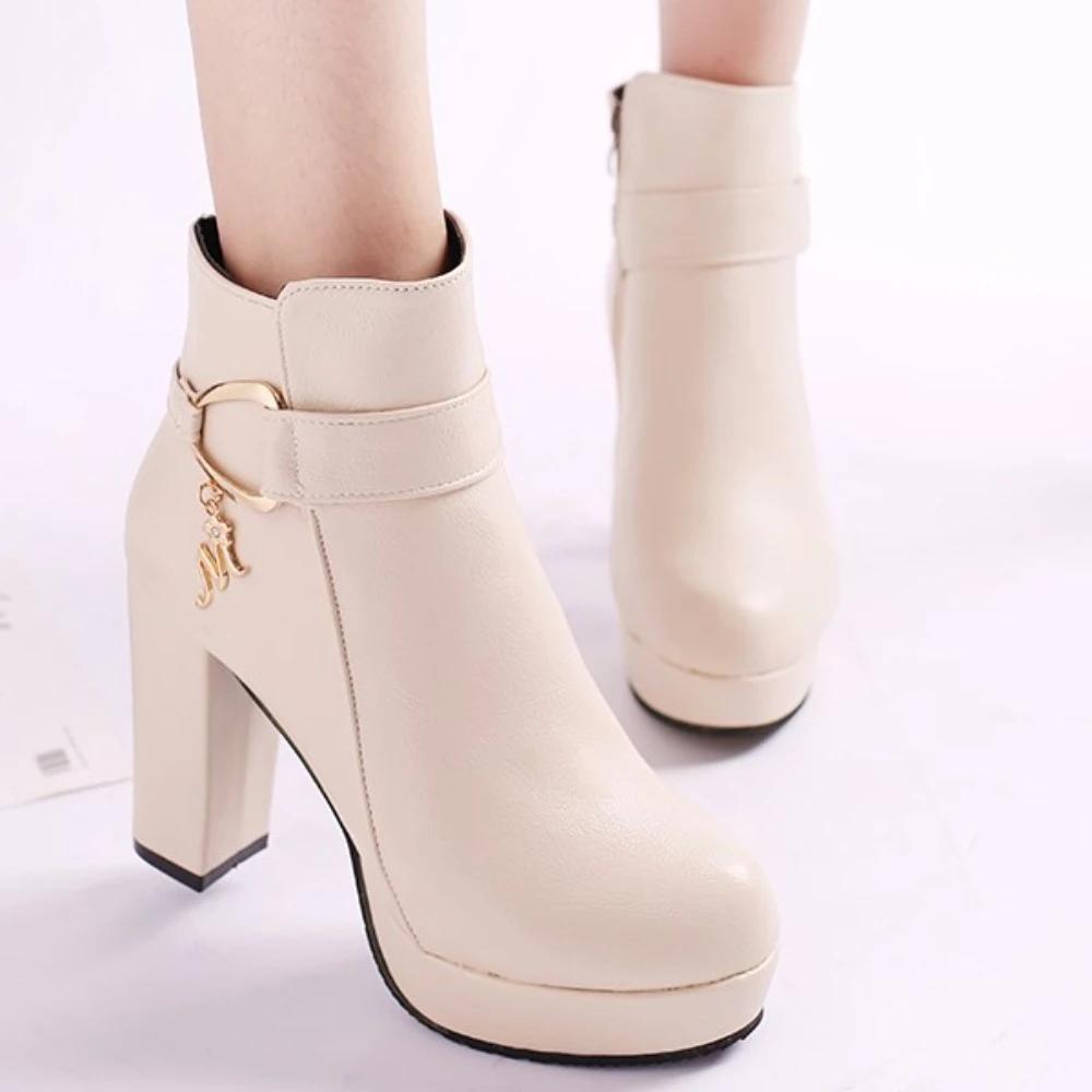 autumn and winter plus thick heel high-heeled women's short boots with plush warm leather boots, fashionable low cut boots