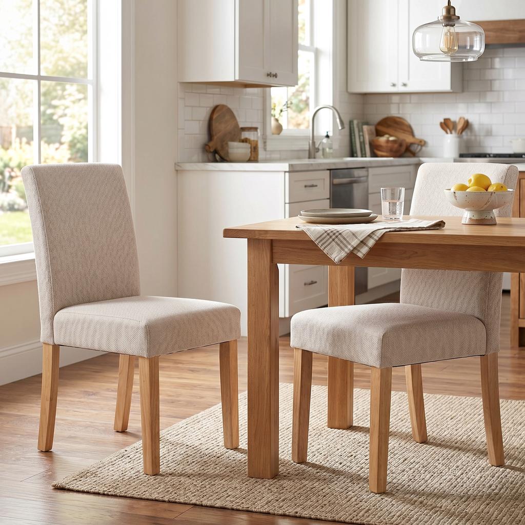 Dining Chairs Set of 2, Modern Linen Upholstered Chairs with Padded Seat and Backrest, Rubberwood Legs
