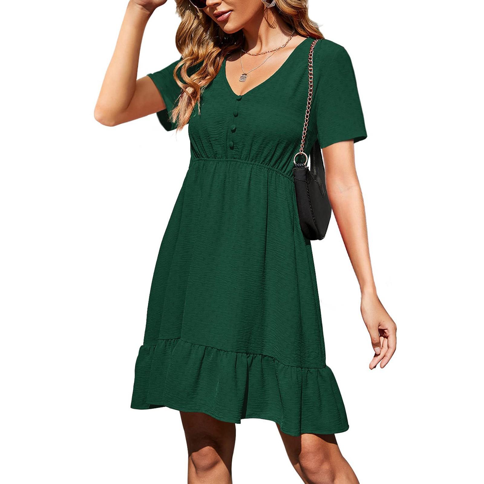 Women s Short Sleeve V Neck Chiffon Dress Tunic Ruffle Hem High Waist Skirt M