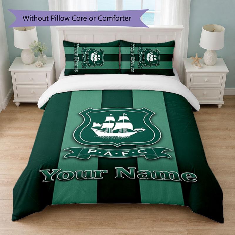 Plymouth Argyle FC Custom Name Text Bedding Set 1 Duvet Cover+2 Pillowcases Soccer Logo Personalized Gift For Special Occasion Bedroom Decor