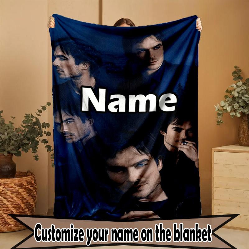 Custom Name Personalized Damon Salvatore Print Blanket, Home Decor, Bedroom, Sofa, Camping, Couch, Gifts for Birthday Christmas