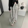 American Retro  Spring and Autumn New Lazy High Street Loose Graffiti Print Plaid Daily Casual Wide-leg Trousers