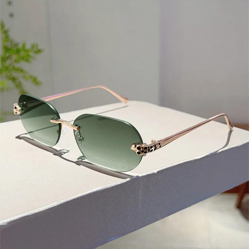 Brand Designer Luxury Rimless Sunglasses Women For Men  Vintage Punk Sun Glasses Popular Metal Leopard Head Shade Uv400