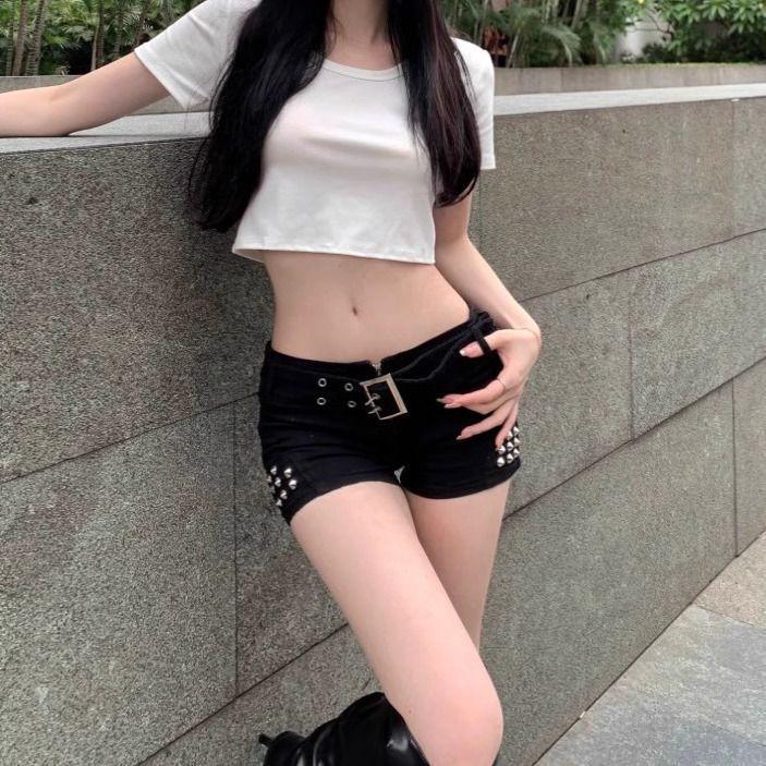 

Американские пикантные черные джинсовые шорты с заклепками с низкой посадкой - Женские облегающие сексуальные Small чёрный