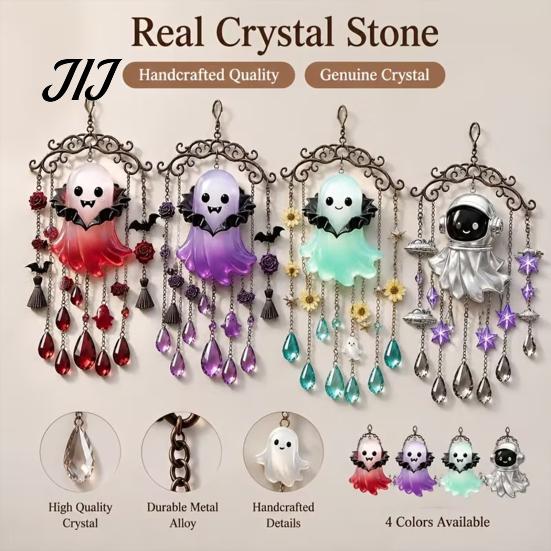 Spooky Home Decor Halloween Ghost Wind Chime Decoration, Vintage Sun Catcher with Faux Crystal Window Hanging Decoration Drops Tassels, Acrylic