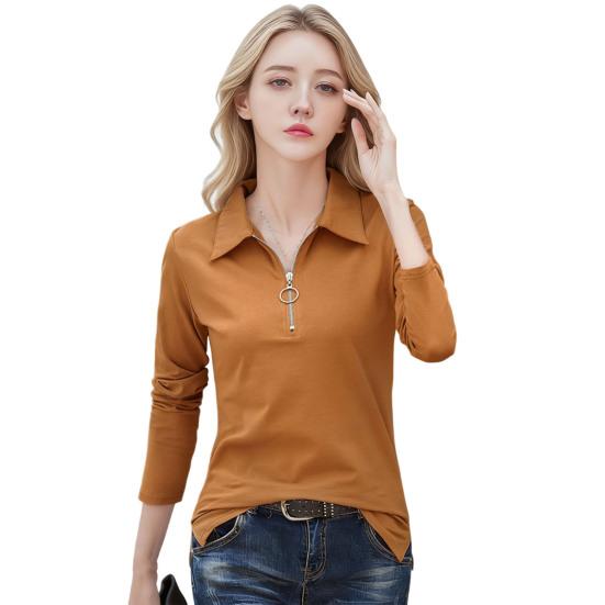 Women T-shirt Lapel Zipper Half Placket Long Sleeve Pullover Tops Solid Color Slim Fit Stretchy Casual Tee Shirt Work Party Vacation Daily Wear