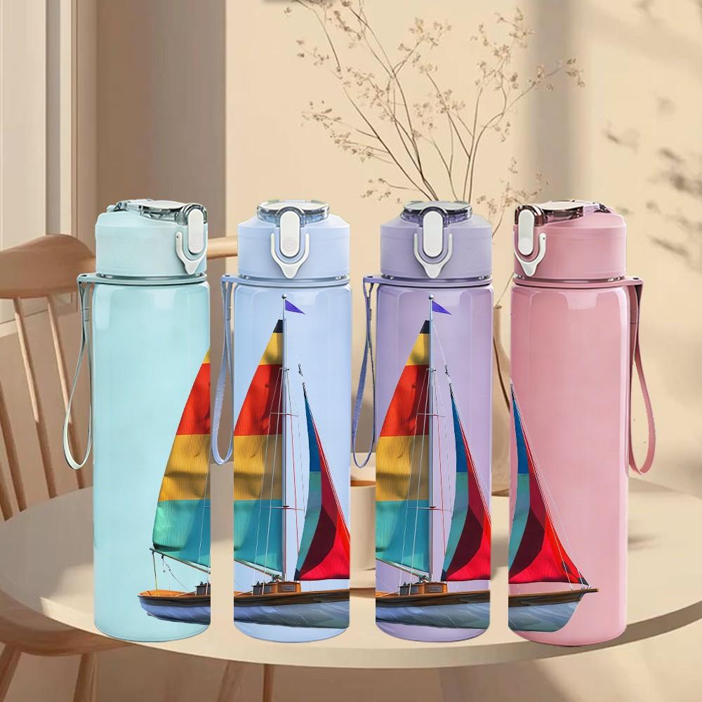 1PC Simple Single Sailboat Ocean Print 750ml Color Plastic Sports Water Bottle Leakproof Flip Straw Lid Suitable for Sports Office Home Use