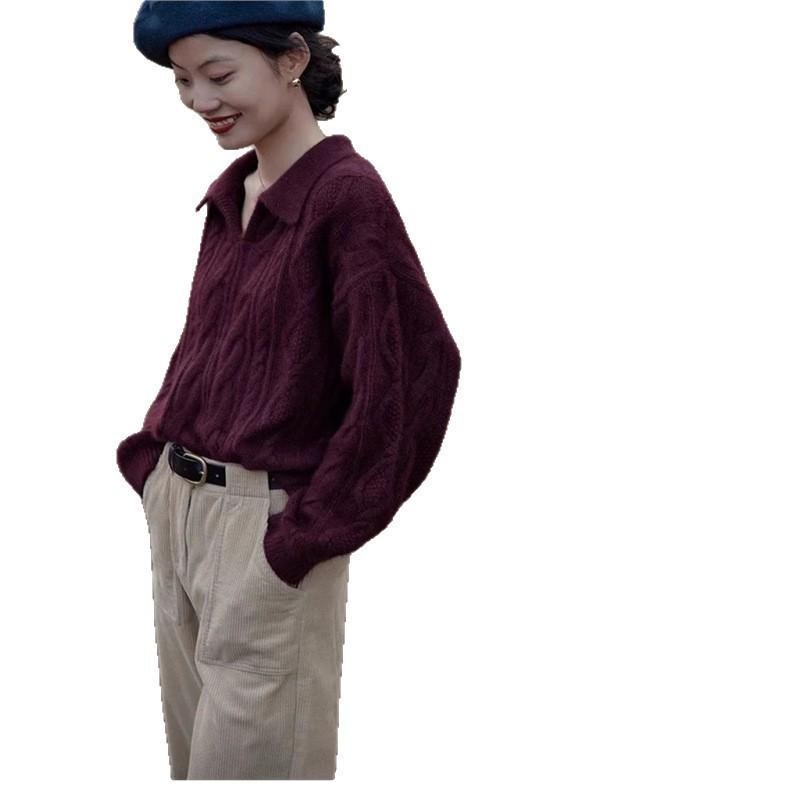 Blue Women's Wool Pullover Sweater - Soft, Comfortable, Lazy Style with Hemp Twist Collar