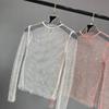 European & American Autumn/Winter Mesh Diamond High Collar Sexy Top - Versatile Fairy-Inspired Perspective Bottoming Shirt for Women