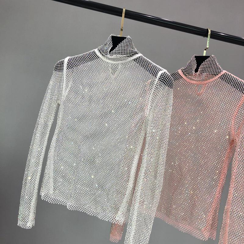 European & American Autumn/Winter Mesh Diamond High Collar Sexy Top - Versatile Fairy-Inspired Perspective Bottoming Shirt for Women