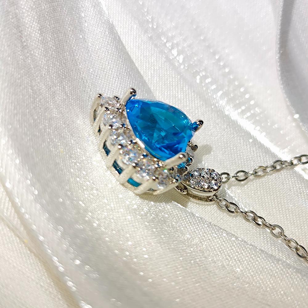 925 Sterling Silber Stilvoller Exquisiter Meeresblau Zirkon Herz Anhänger Halskette Geburtstagsparty Jubiläumsgeschenk