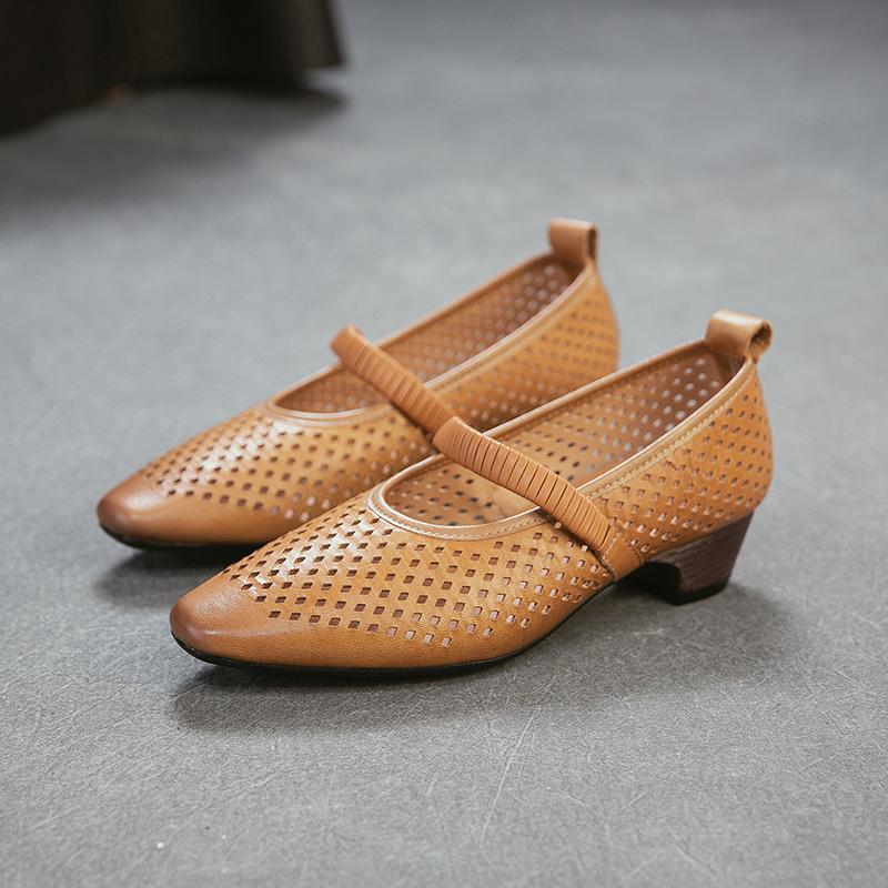 

Johnature Retro Shallow Commuter Mid Heel Pumps Genuine Leather Hollow Out Breathable Women s Shoes 40 світло-коричневого кольору