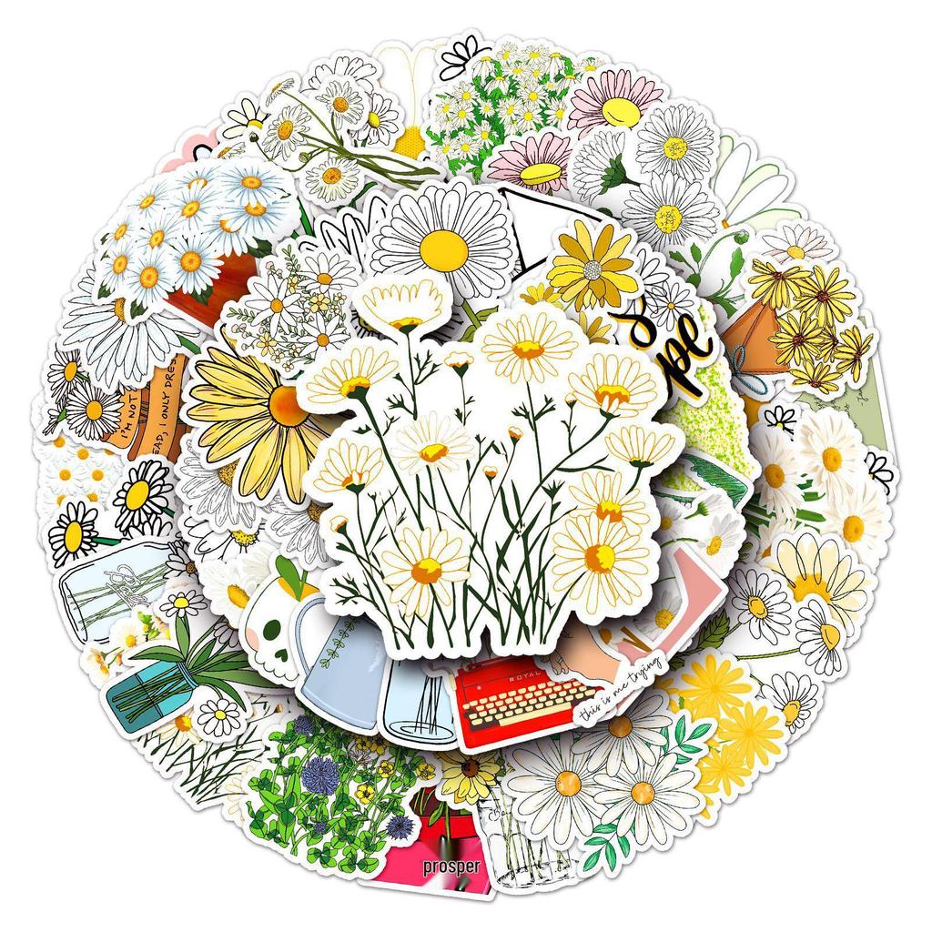 50 Cute Daisy Cartoon Flower Stickers - DIY for Phone Cases or Luggage, 50 Sheets