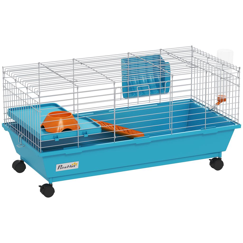 Small Animal Cage with Wheels, Bottle Feeder, Hay Dispenser for Rabbits and Guinea Pigs, 89x44x43 Cm, Blue