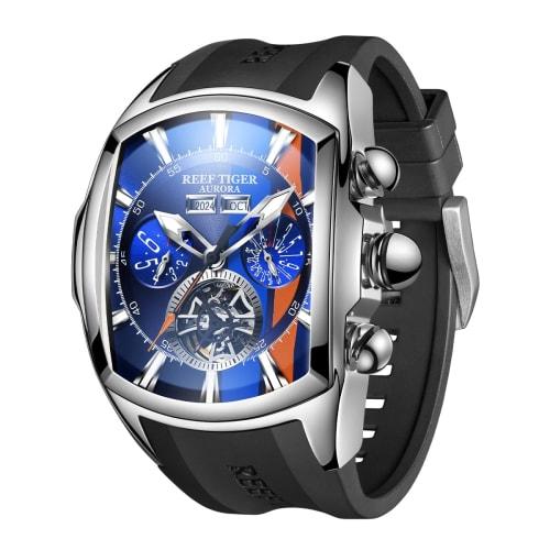 REEF TIGER Men's Tank Track Sport Watch, Automatic, Blue Dial, Tourbillon, Rubber Strap, RGA3069-Track (RGA3069TRACK-YLB)
