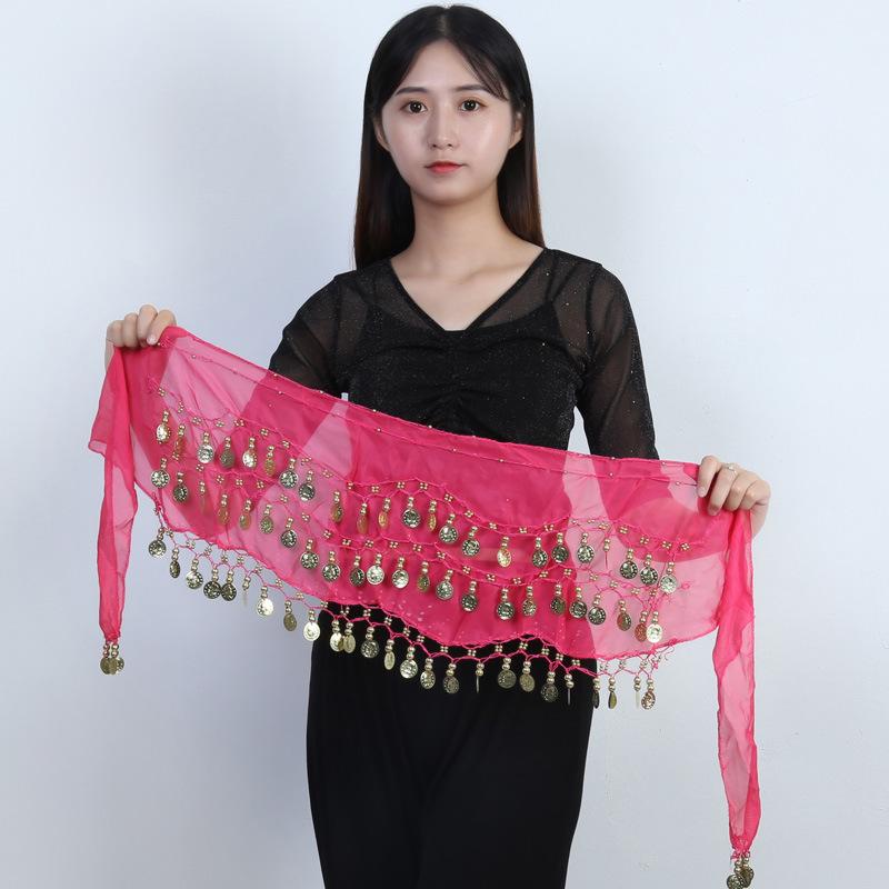 Available: Belly Dance Hip Scarf with 72/83/98/128 Coin Waist Chain - Gold, Three-Layer Design, Indian Style Waist Scarf.
