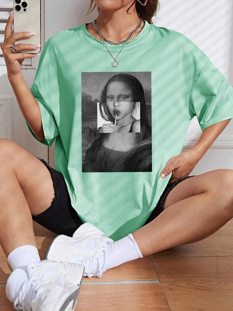 Mona Lisa Drinking Beverages Womens Tshirt Summer Breathable Casual T Shirt Loose Soft Tops Hip Hop Oversize Fashion Clothes