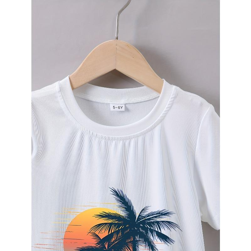 European Sizes Boys' Summer Short-Sleeved "Sunset Coconut Tree Beach" Print T-Shirt