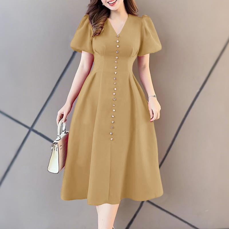 

ZANZEA Women Casual V-Neck Short Sleeve Slim Waist A-Line Long Dress 5XL хакі
