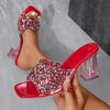 Fashion Gold Glitter Crystal Heel Sandals Women Thick High Heels Square Toe Slides Woman Slip On Transparent Pvc Gladiator Shoes Mules