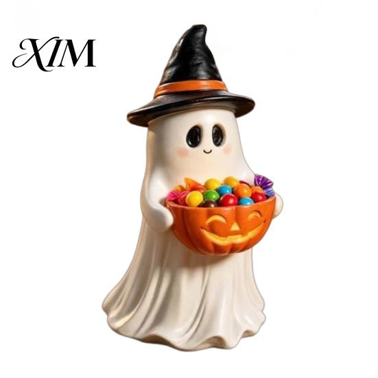 Detailed Resin Tabletop Figures Ghost Statue with Pumpkin Candy Bowl for Halloween Table Decor, Fall Decor Families Cute Desktop Organizer Living Room