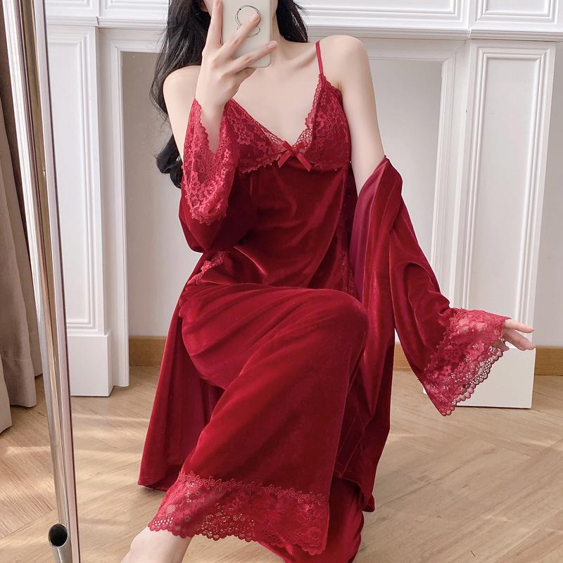 

Women s Velvet Lace Three-Piece Pajama Set – Camisole, Long Pants & Robe. L (Recommended 50-57.5 kg)