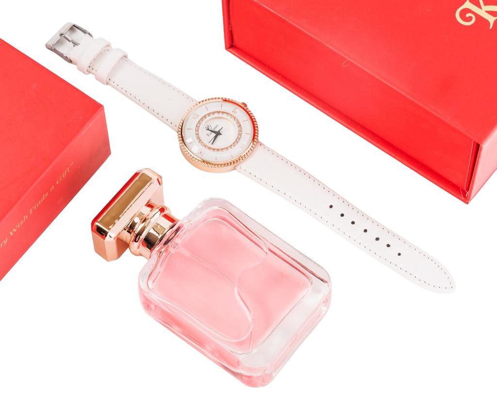 Thy Kalpavruksha Woman’s Gift Set White Leather watch with Rose Gold Dial & long Lasting Perfume | gift for girlfriend | birthday gifts for women |