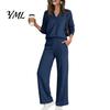 Solid Color Matching Sets Women Sweatshirt Pants 2-Piece Set, V-Neck Long Sleeve Top & Wide Fabric Fitness Clothing Leg Trousers with Elastic