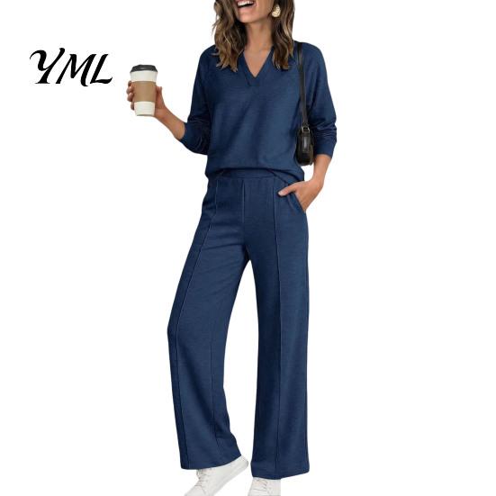 Solid Color Matching Sets Women Sweatshirt Pants 2-Piece Set, V-Neck Long Sleeve Top & Wide Fabric Fitness Clothing Leg Trousers with Elastic