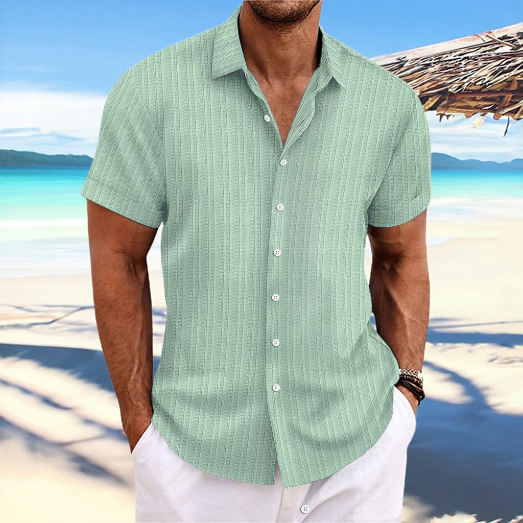 New Men's Cotton Linen Striped Jacquard Casual Loose Short Sleeve Shirt