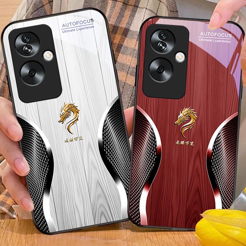 Holz Drache Schwarz Für Oppo A79 5G 58 78 74 60 4G Reno 11F Realme GT 6 11 Note 50 10 C55 X2 Gehärtetes Glas Schwarz Handyhülle