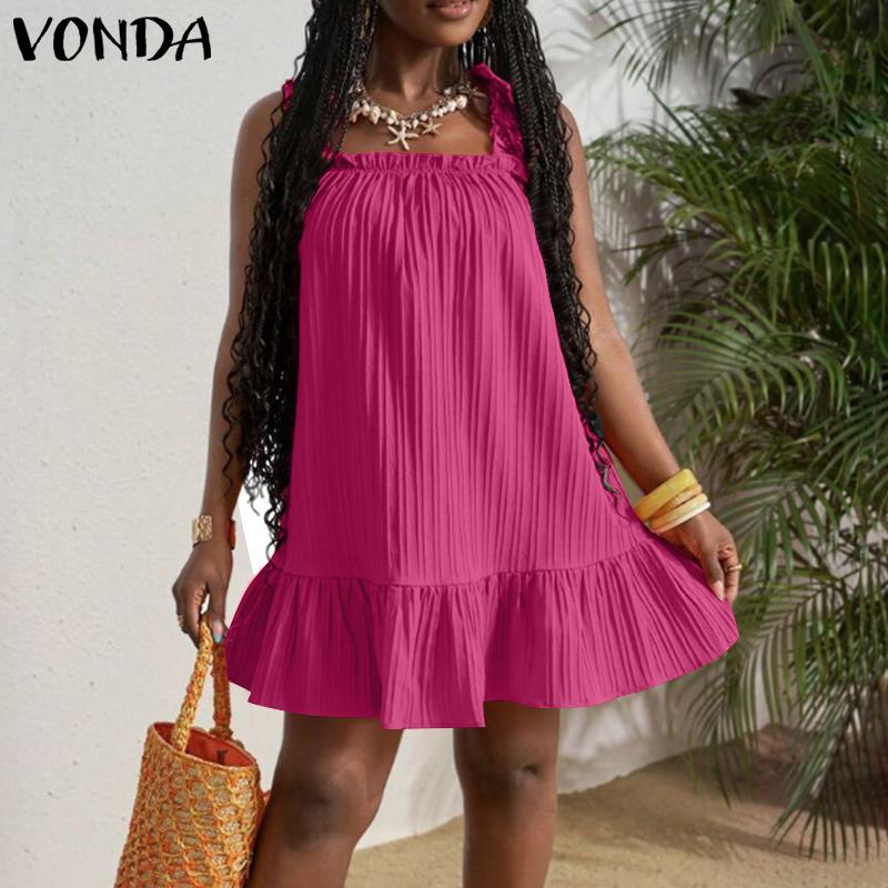 

VONDA Летнее женское квадратное воротниковое повседневное плиссированное мини-платье с рукавами-бретельками и оборками 5XL темно-розовый