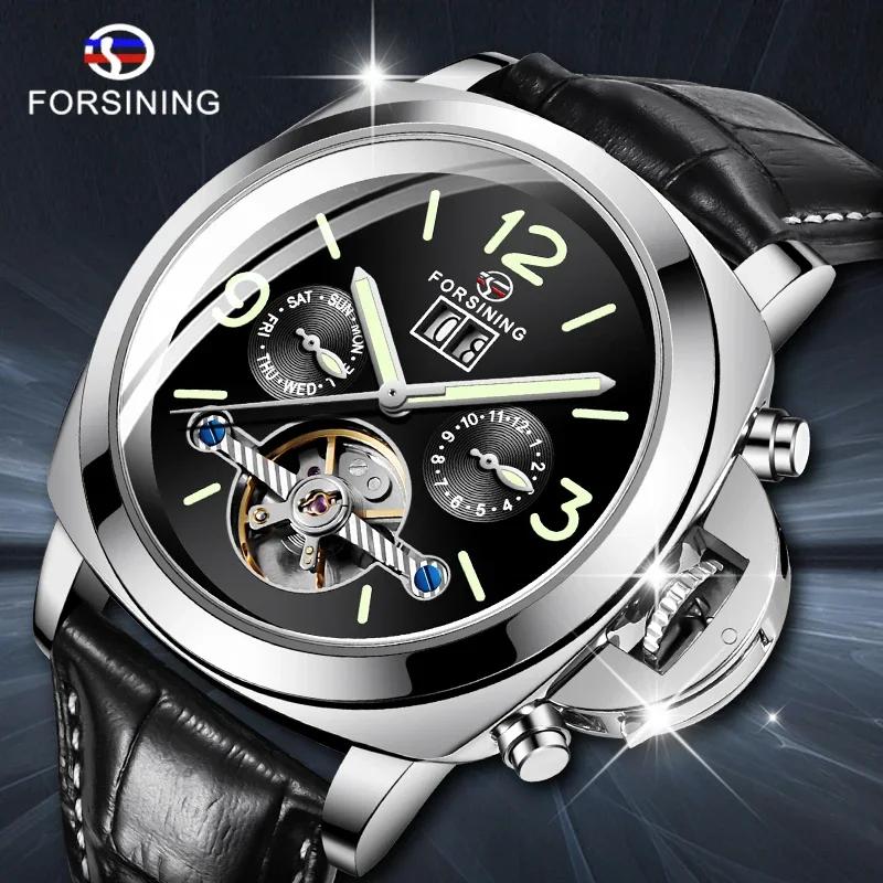 Forsining Top Automatic Men's Watch Mechanical Watch Tourbillon Men Sport Luminous Clock Male Leather Retro Wristwatch