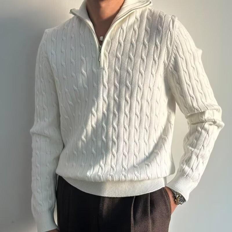 Mens Half Zip Turtleneck Sweater Loose Fit Casual Knit Top White Basic Style
