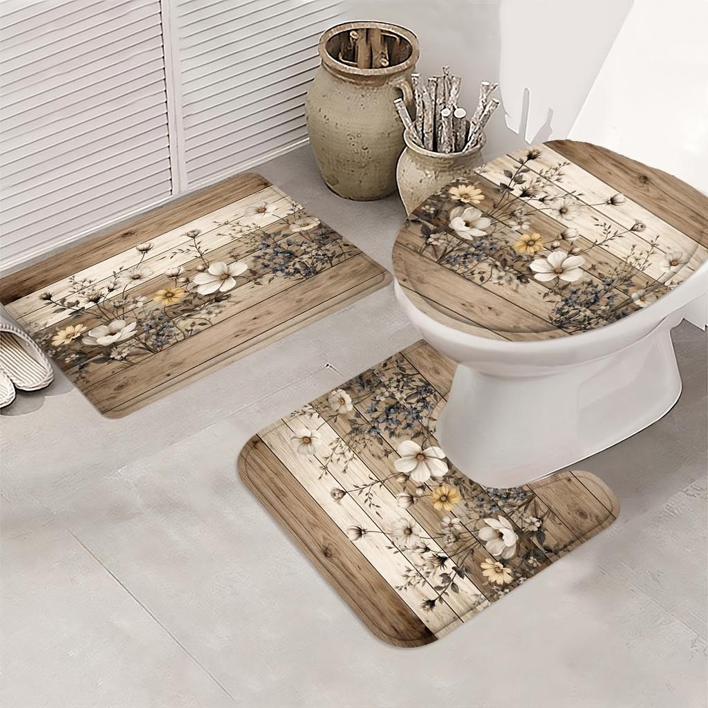 4Pcs Wooden Board Flowers Shower Curtain Set with Non-Slip Bath Mat, Toilet Lid Cover, Contour Rug & 12 Hooks, Bathroom Decor