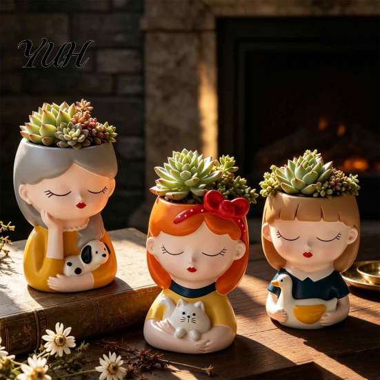 Decorative Resin Desktop Accessory Cute Head Planter, Succulent Little Girl Flower Pot, Human Flowerpot for Plants Face Cactus Container, Bonsai