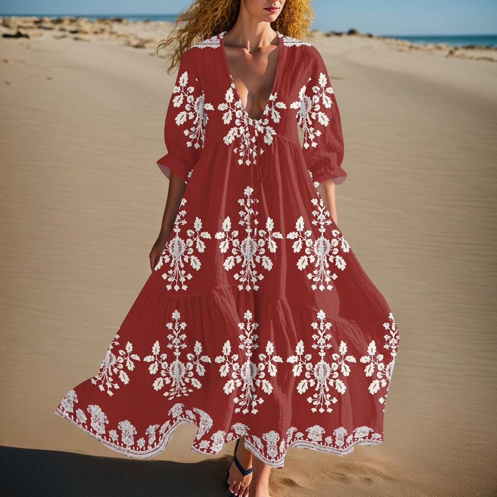 Women's Summer Fashion V-neck Retro Floral Print Short Sleeved Beach Dress With Lace Patchwork Dress